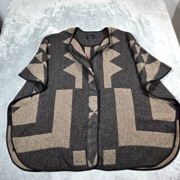 Talbots Cape Medium Gray Tan Wool Blend Zip Up Boho Southwestern Poncho - Picture 5 of 10